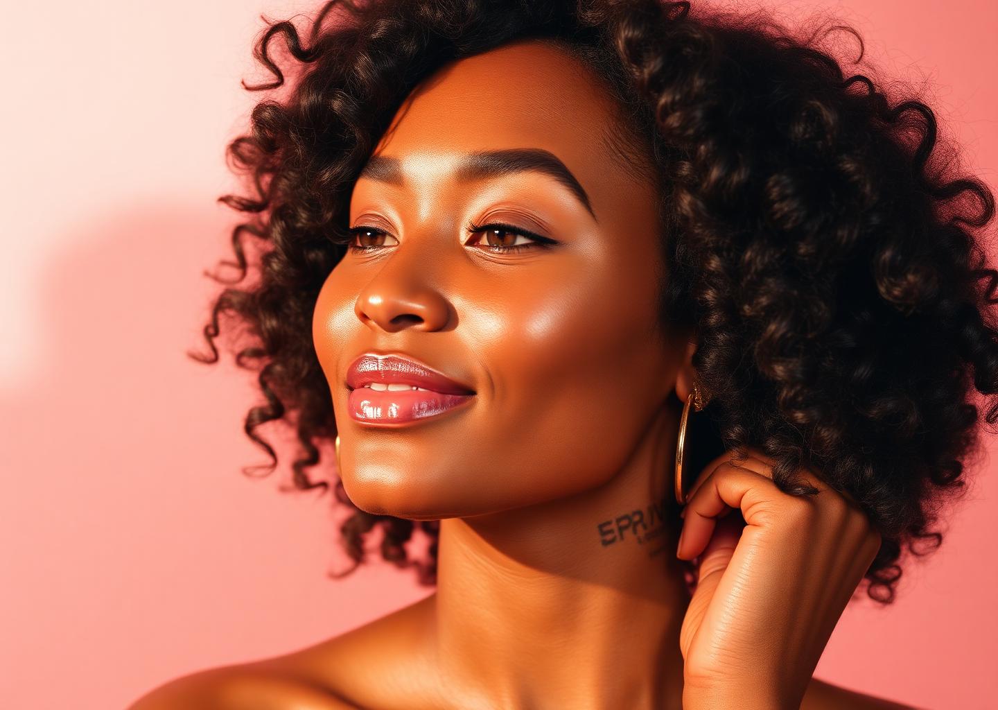 A radiant Black woman with glowing dewy skin and voluminous healthy curly hair, showcasing BUCCEE's haircare and skincare results